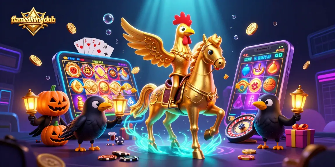 flamediningclub offers an enchanting casino scene with a golden rooster and dynamic slot game elements.