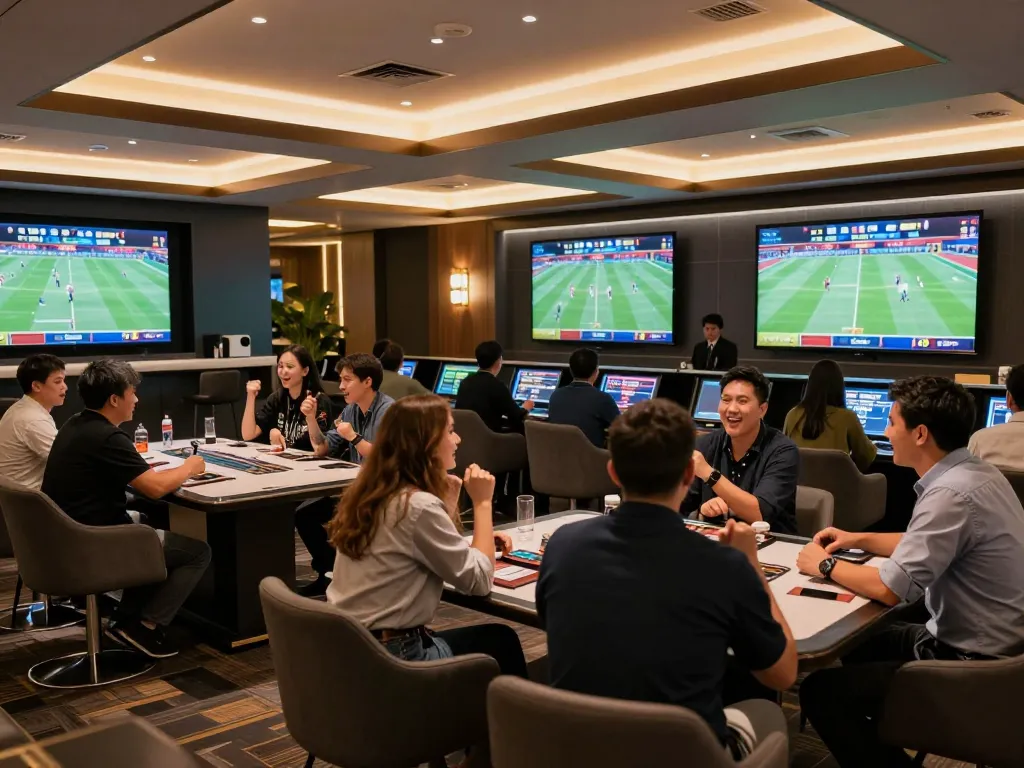 Soi keo nha cai in action as enthusiastic bettors analyze odds in a sleek sports lounge