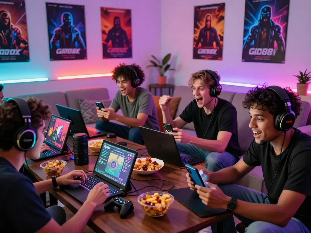 Friends competing in go88 gaming session in a vibrant urban living room.