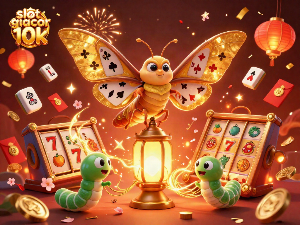 Engage with the vibrant slot gacor 10k scene featuring a majestic atlas moth and casino elements.