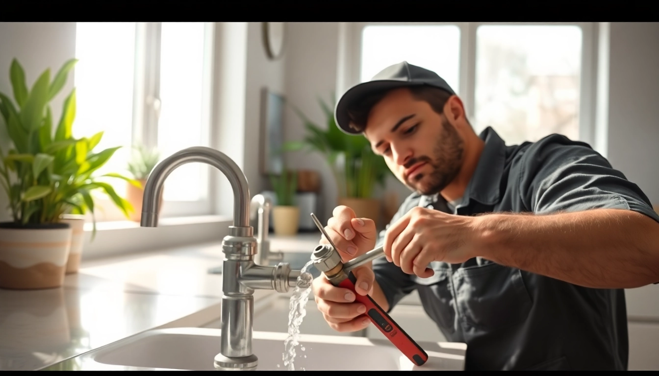 Plumber near me repairing a pipe in a modern kitchen, showcasing expertise and reliability.