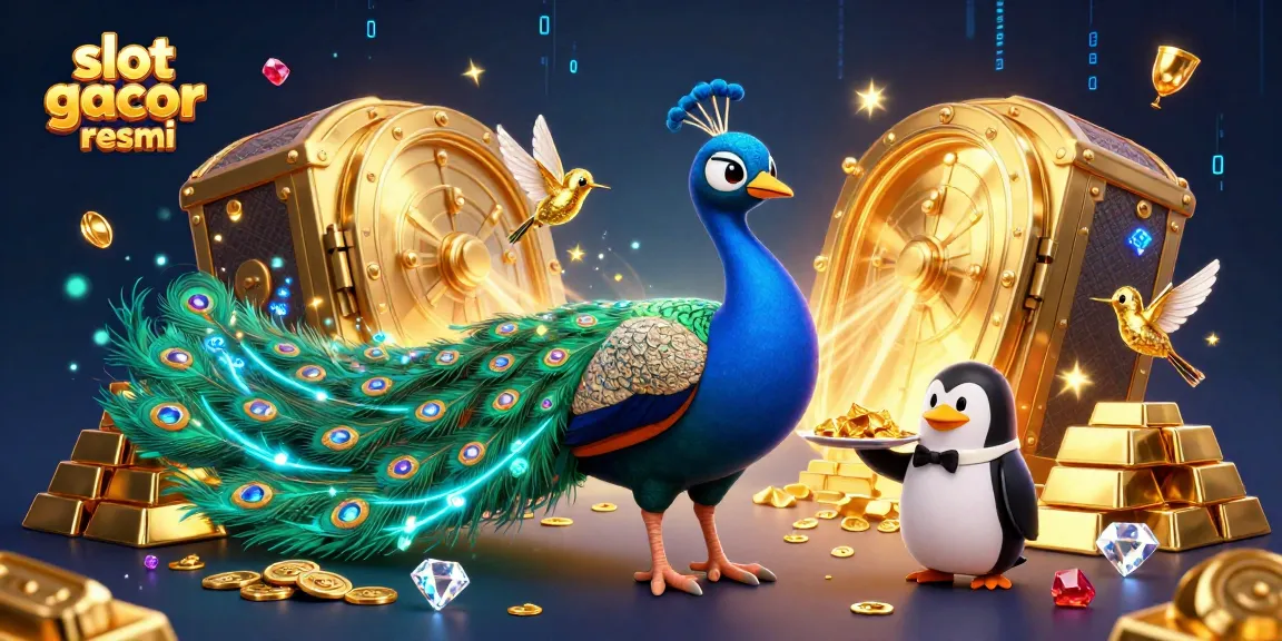 Engage in thrilling gaming at slot gacor resmi casino, featuring an aristocratic peacock and golden chips.