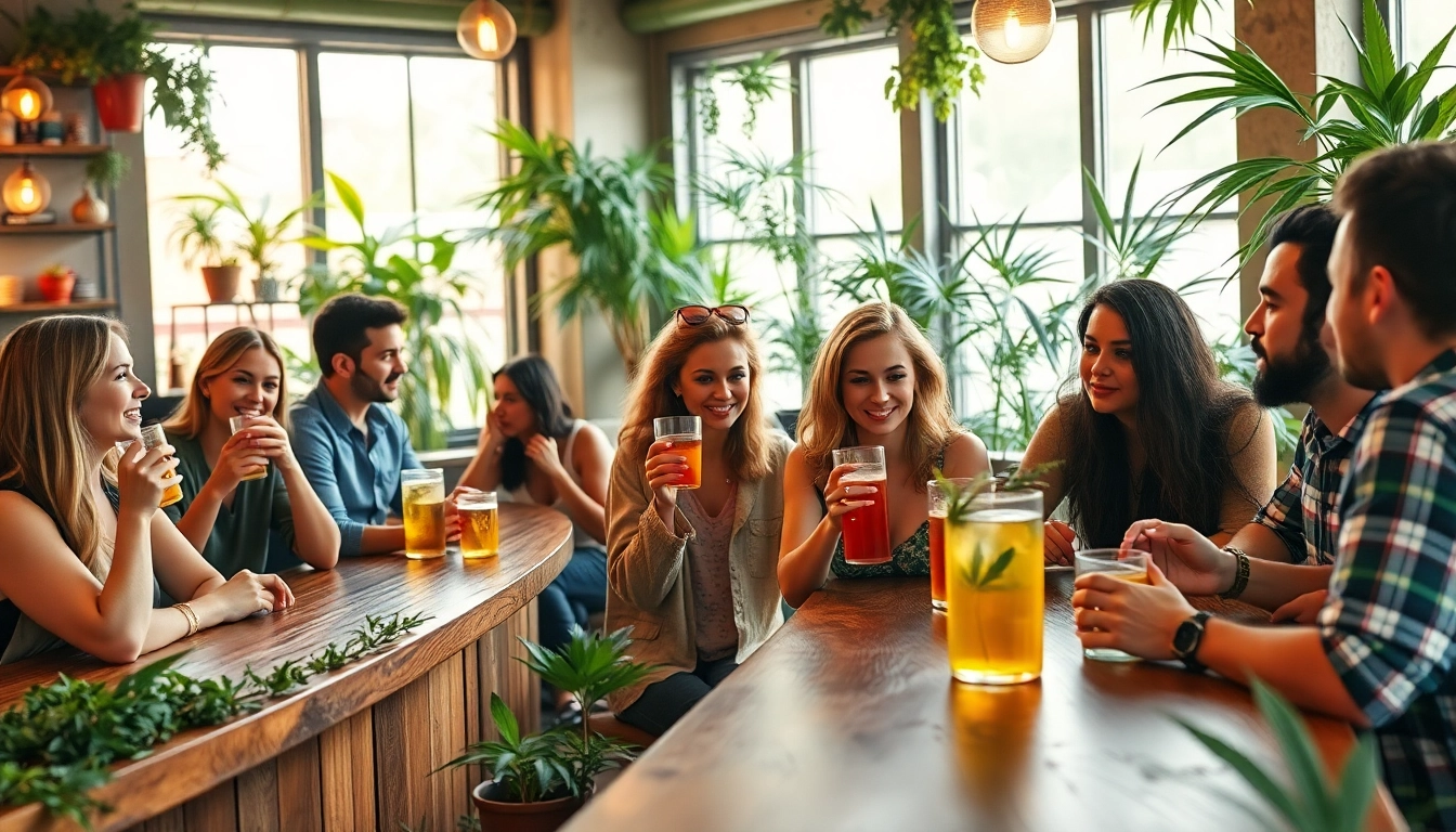 Détente et convivialité au weed cafe avec des clients appréciant des boissons infusées.