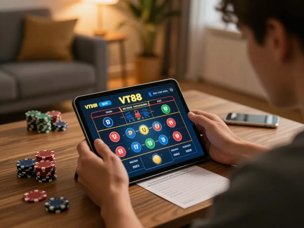 Engaging in online gaming with VT88 on a tablet, surrounded by poker chips and notes in a cozy home.