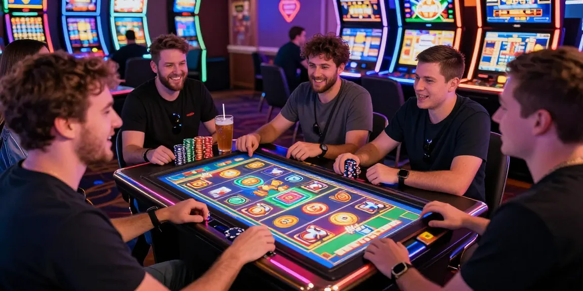 Delighted players engaging with bonus buy slots at a vibrant casino, showcasing the excitement available on https://ampika.co.uk/.