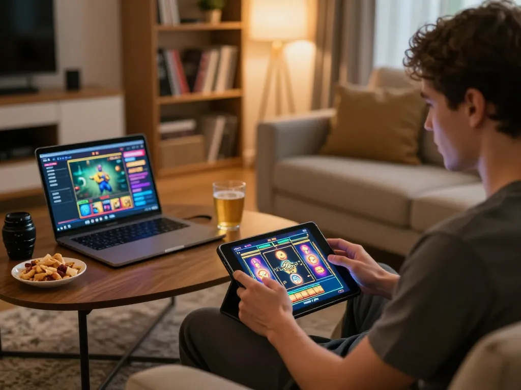 Player engaging with the alexis77 slot game on a tablet in a cozy living room