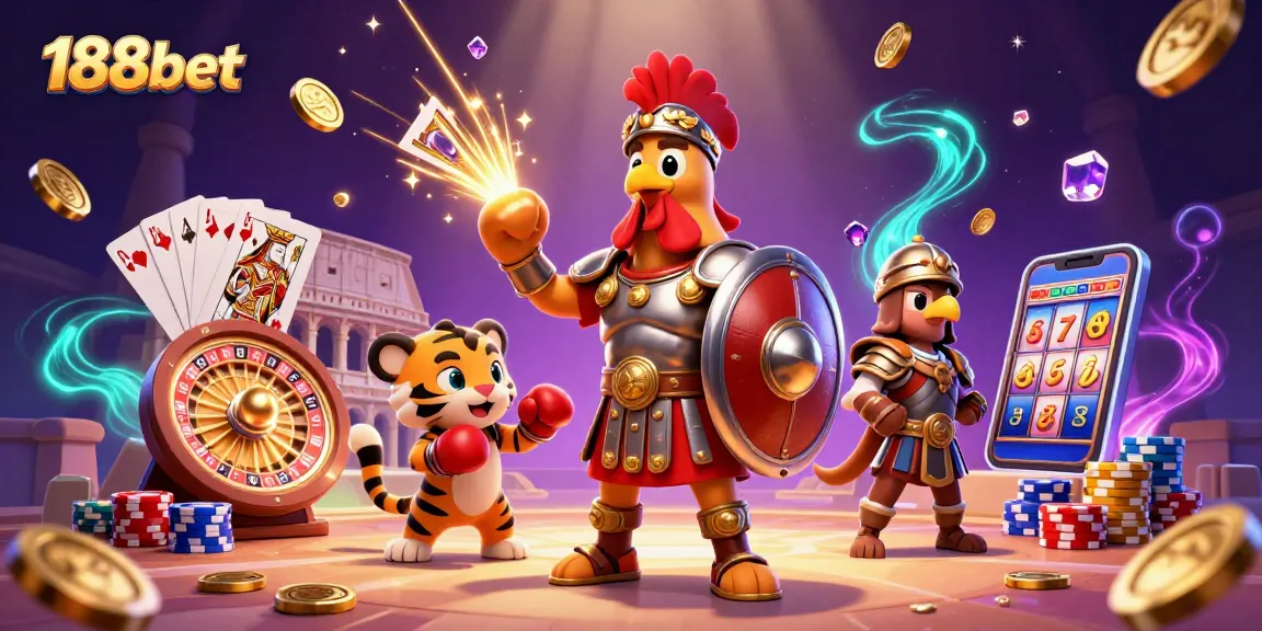 Experience thrilling games at 188bet with a vibrant 3D casino scene featuring iconic gambling elements.
