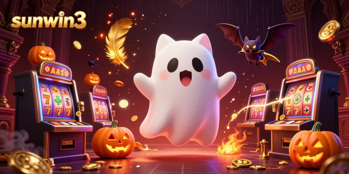 Experience thrilling gameplay at sunwin3 with a ghost cat and bat in a vibrant casino scene.