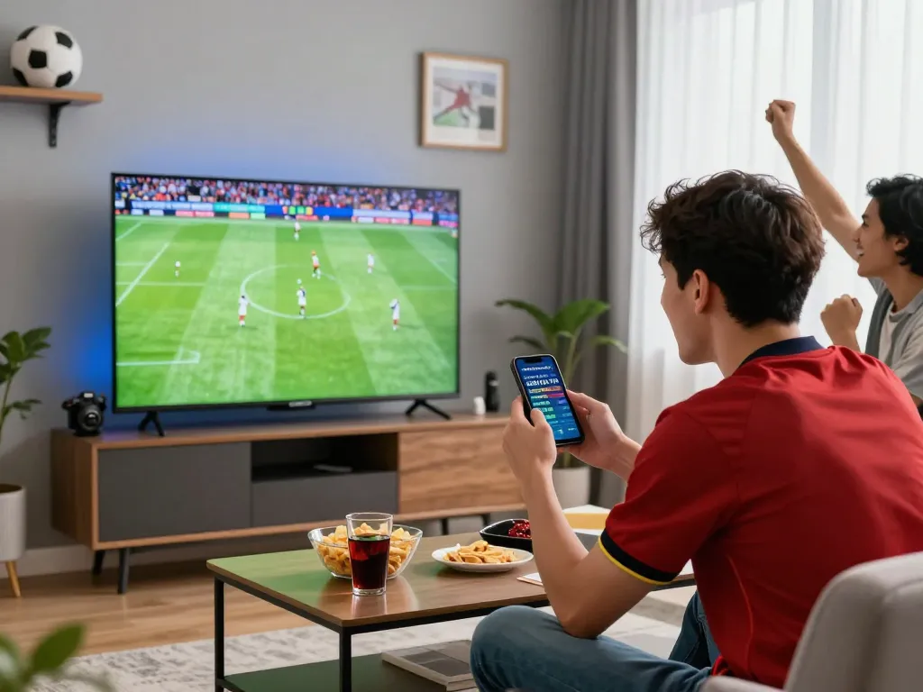 Sports fan watching live match on Cakhiatv24h.com in a vibrant living room setting