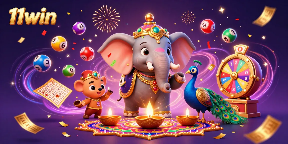Experience the thrill of 11win with vibrant lottery elements and festive characters in a lively casino scene.