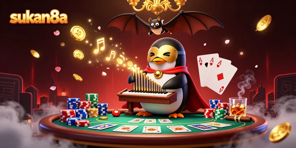 Experience sukan8a's thrilling casino adventures with a phantom penguin playing music while gold coins rain down.