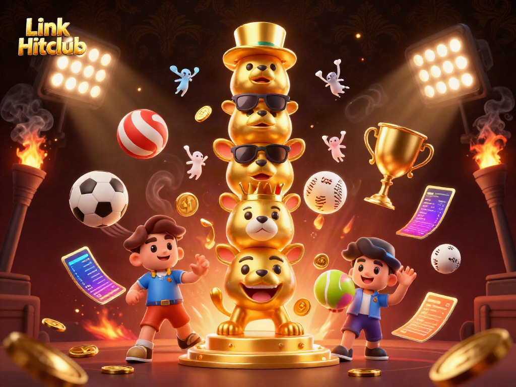 Engage in thrilling gameplay with Link Hitclub, represented by a captivating illustration of a golden totem and dynamic sports elements.