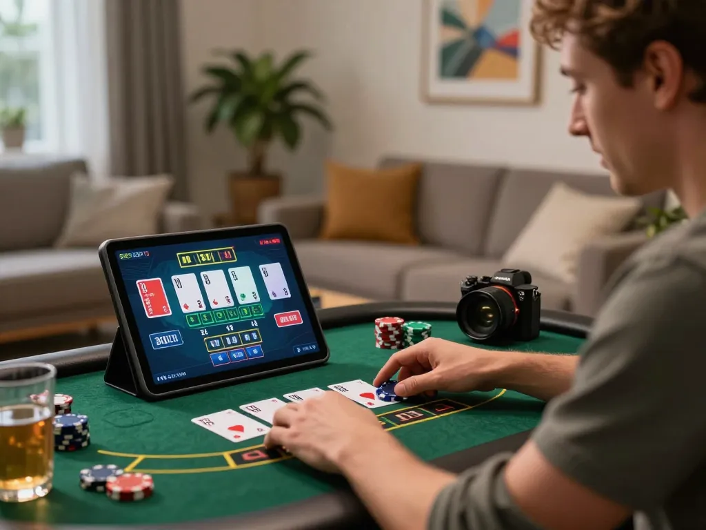 Engaging player exploring hb88 online baccarat gameplay on tablet in a cozy home setup.