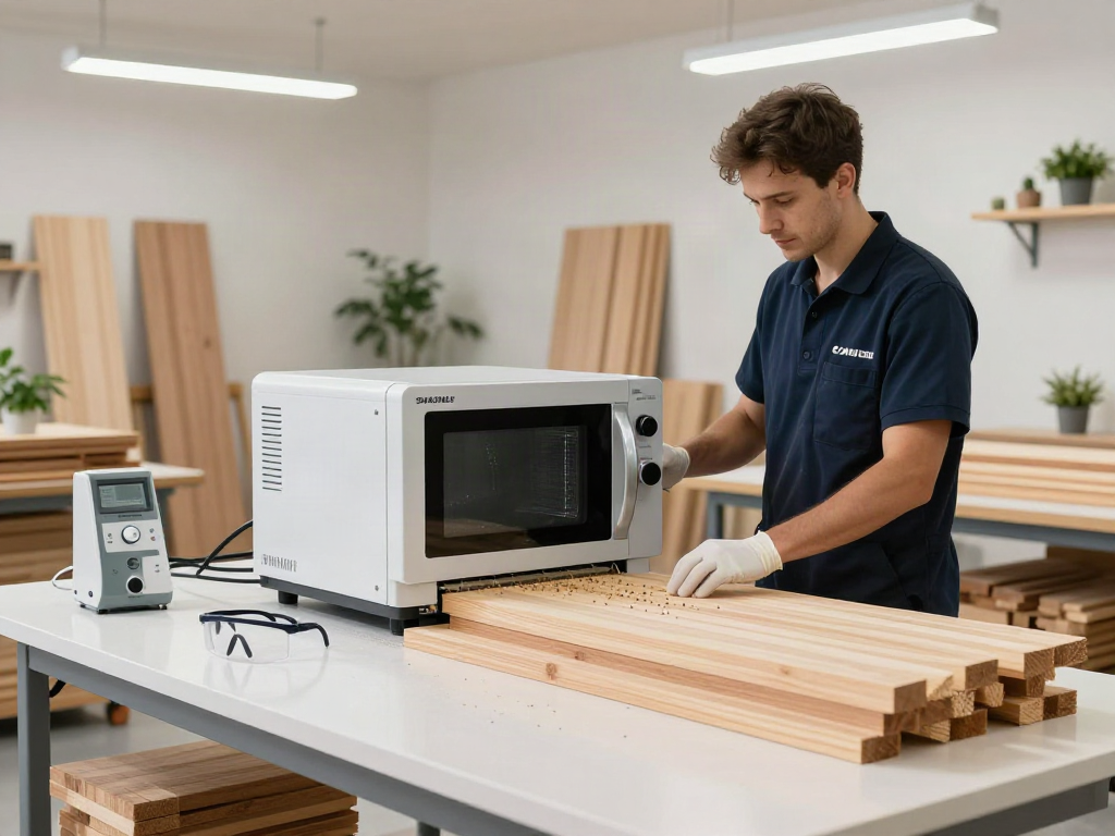 Technician using SHASHEL® microwave device for chemical-free wood treatment in a modern workshop.