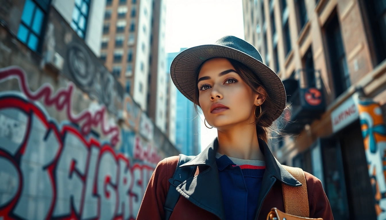 Modella in un book fotografico con uno sfondo urbano vibrante e accessori alla moda.