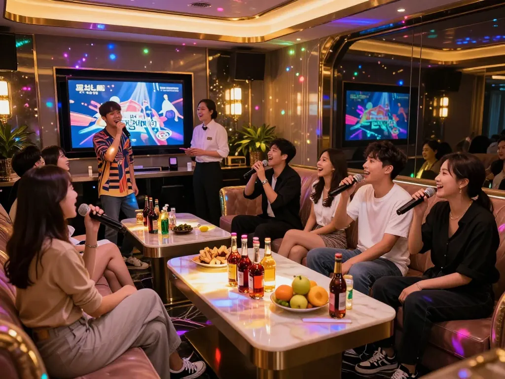A lively scene at www.gangnamtune.com showcasing a private room in a classy karaoke venue, friends enjoying music and drinks in an upscale ambiance.