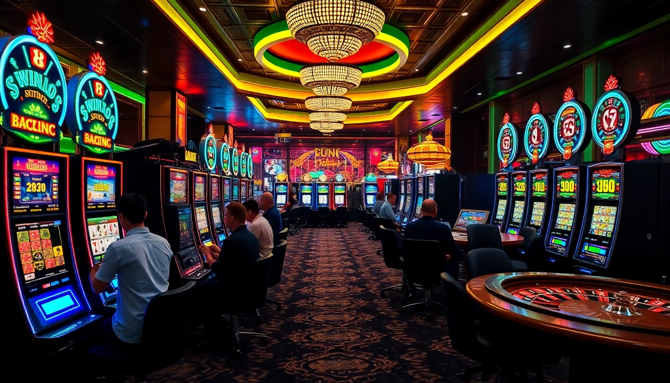 Experience the excitement of birutoto with players at vibrant casino slot machines.