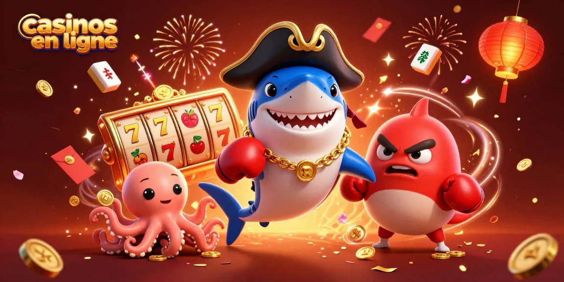 Joue aux casinos en ligne avec une image dynamique de requin et ses amis dans un décor festif.