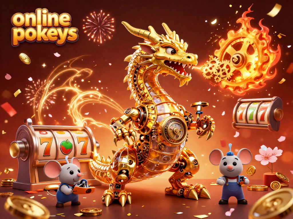 Experience thrilling online pokies action with a vibrant golden dragon and dynamic slot elements.