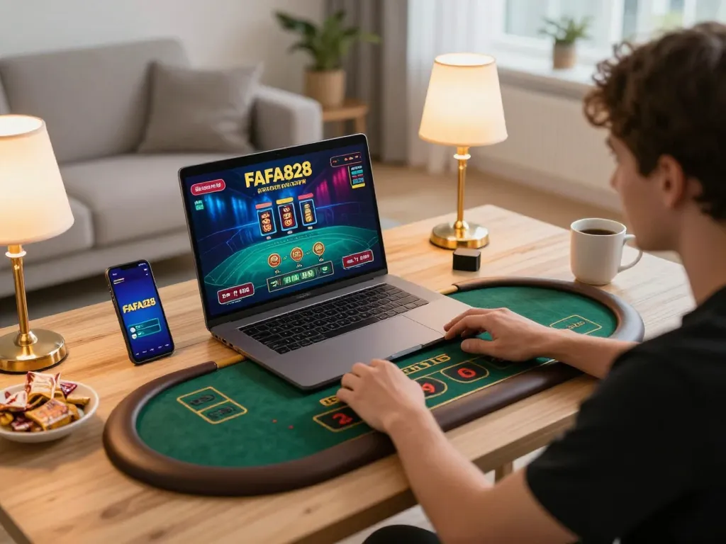 Player engaged with FAFA828's online casino during an exciting gaming session with modern setup