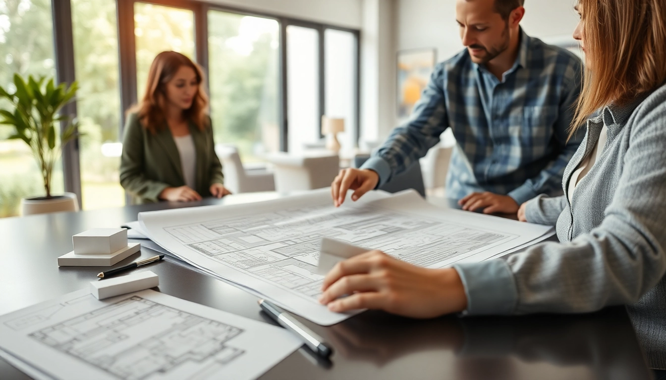 Residential architect discussing design plans with clients amidst sketches and models in a modern home.