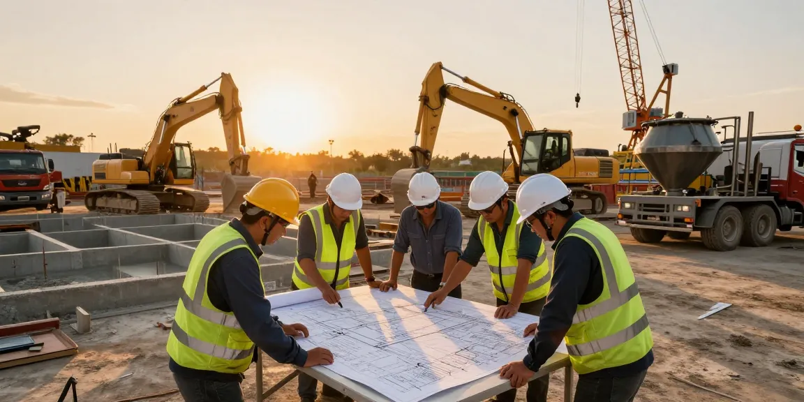Engineers discussing plans with NAGA2000 project blueprints on a busy construction site.