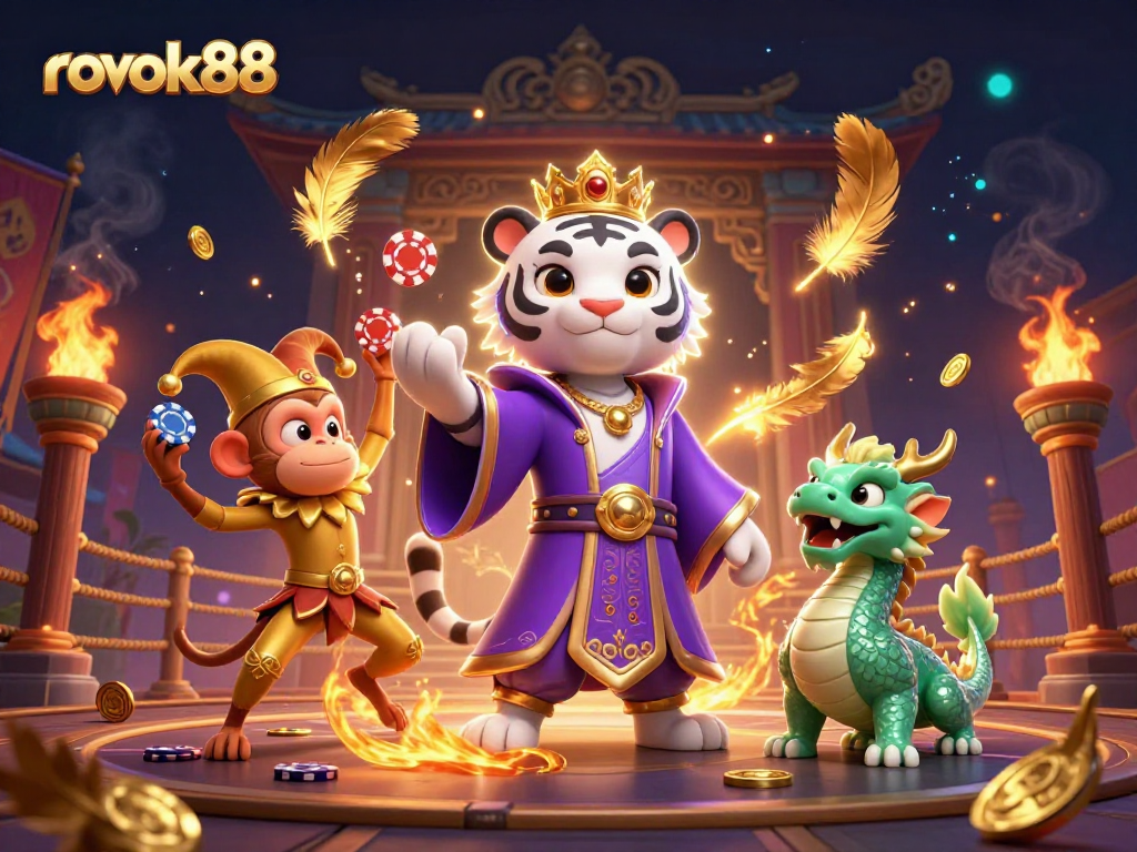 Experience thrilling gameplay with rokok88's vibrant casino atmosphere featuring a playful monkey and majestic tiger.
