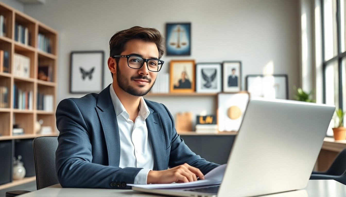 Intellectual property lawyer consulting in an elegant office, showcasing professionalism and expertise.