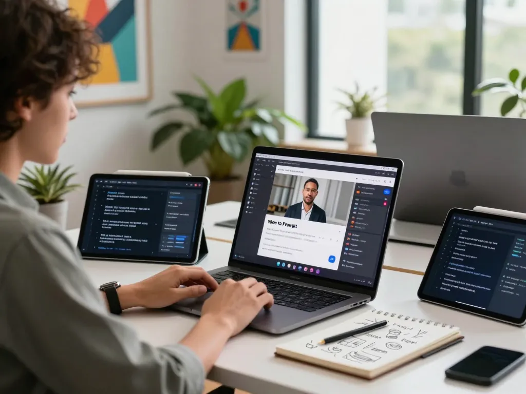 User utilizing a video to promptgenerator in a vibrant digital workspace, showcasing AI technology in action.
