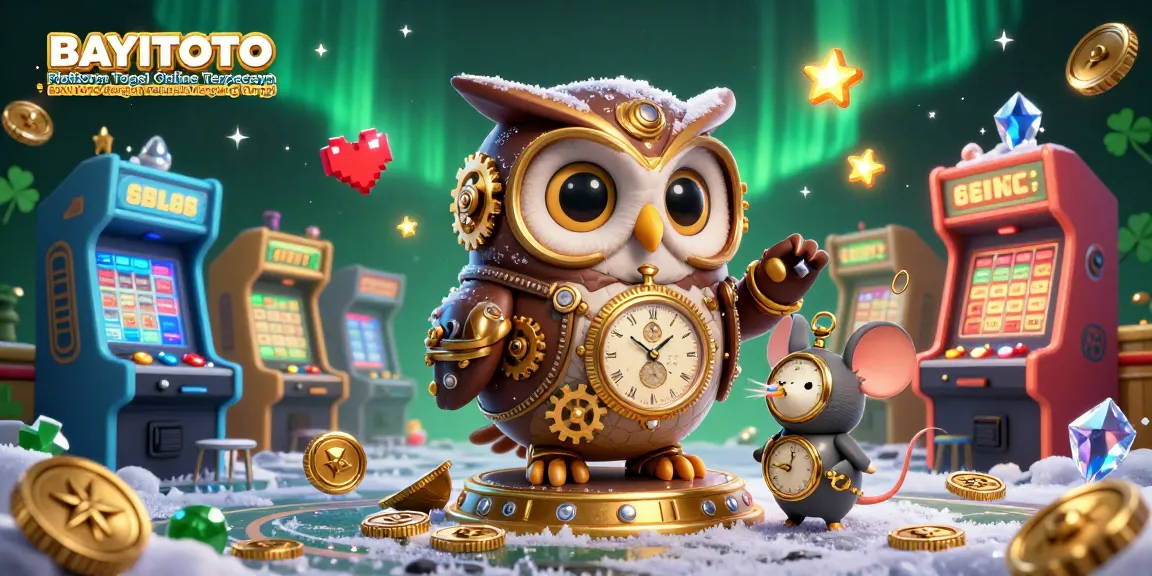 BAYITOTO Platform Togel Online Terpercaya BAYI TOTO dengan Peluang Menang Tinggi showcases a lively illustration of a steampunk owl and clockwork mouse amidst colorful game elements.