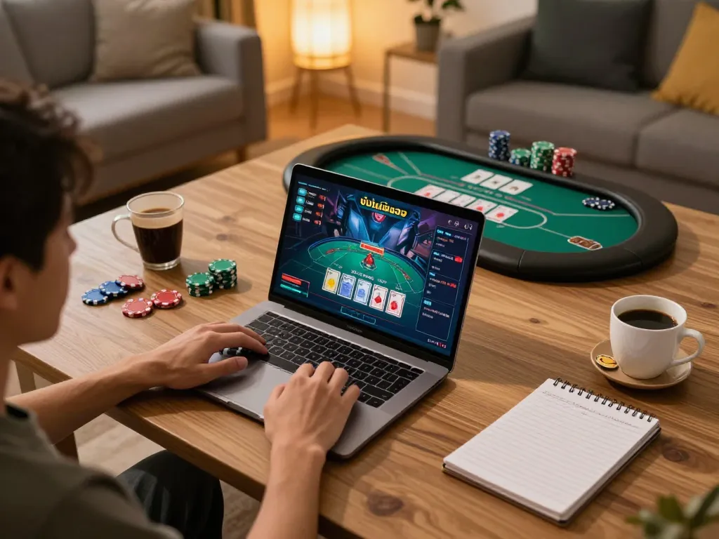 Engaging in หนังใหม่ชนโรง online poker game at home, showcasing digital table action and strategic approach.