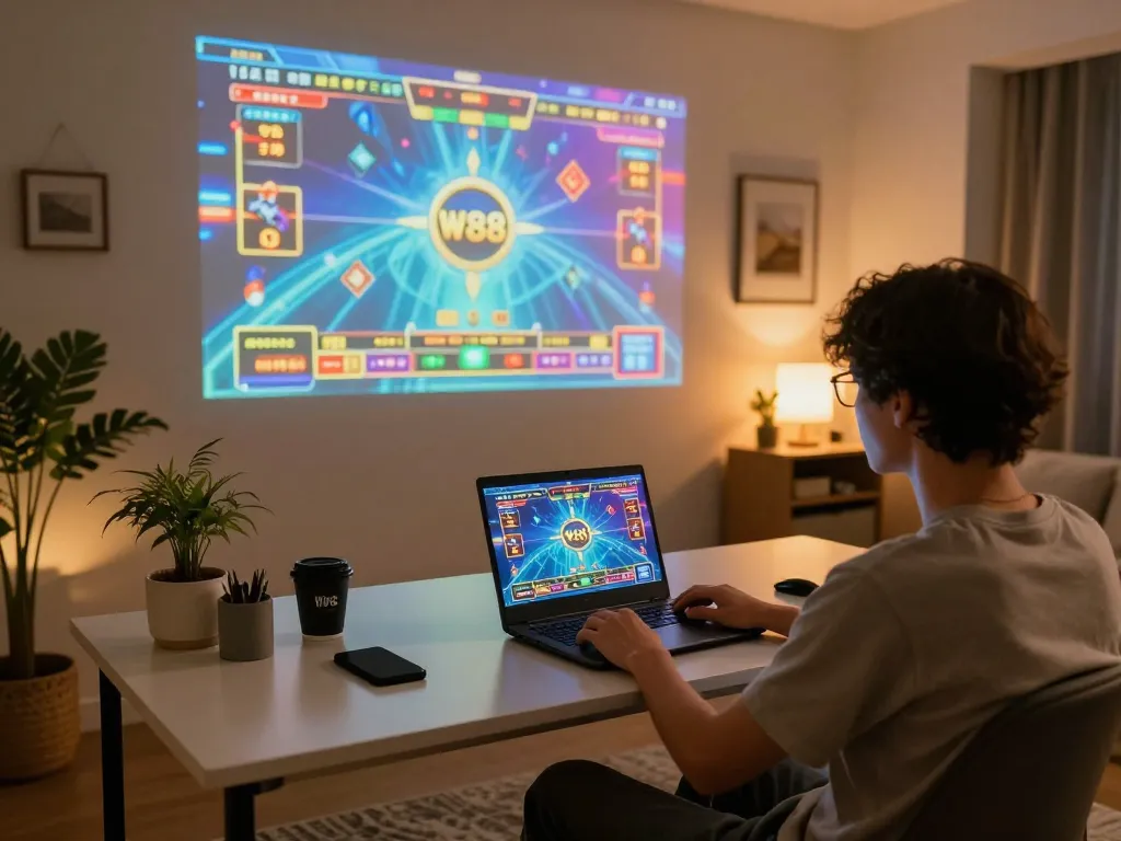 Engaging in online W88 casino gameplay on a stylish home desk with vibrant game interface