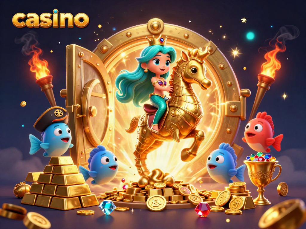 Engage in the vibrant casino world with a mermaid princess and seahorse surrounded by treasures.