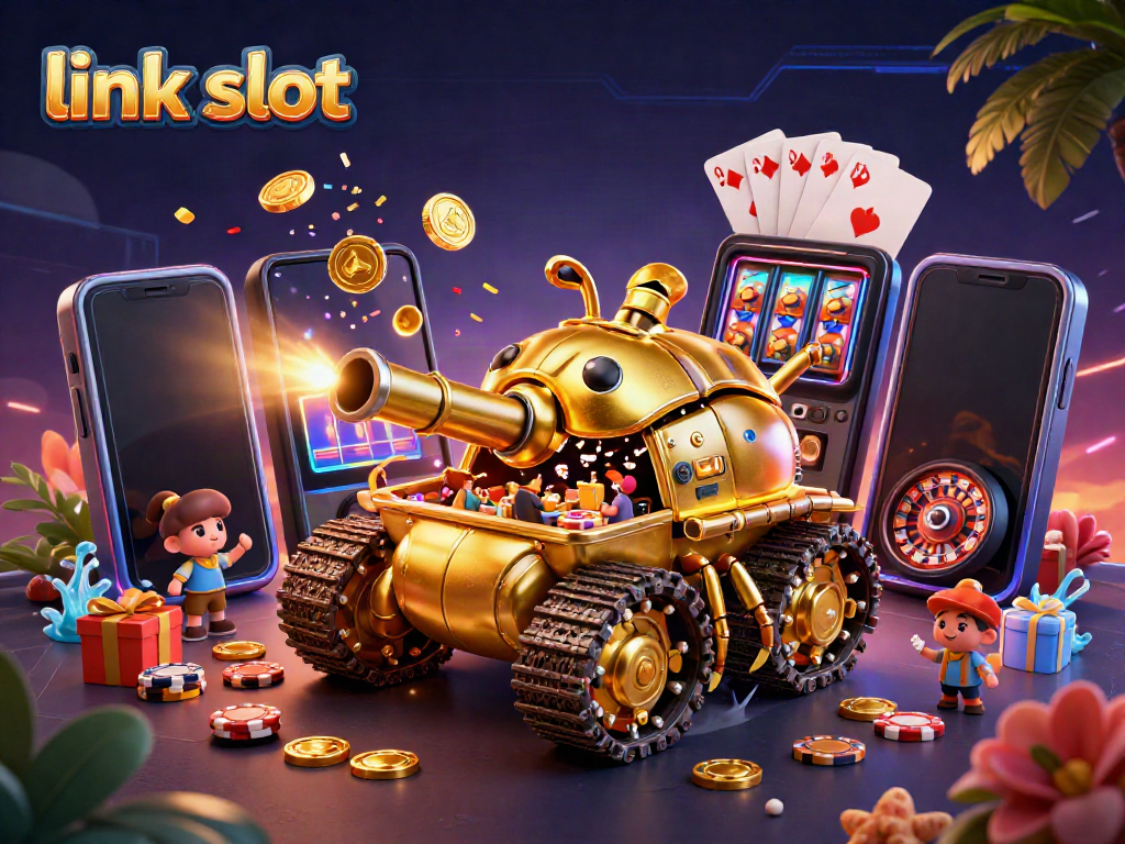 Bermain link slot di kasino miniatur dengan atmosfir penuh warna dan koin emas yang berjatuhan.