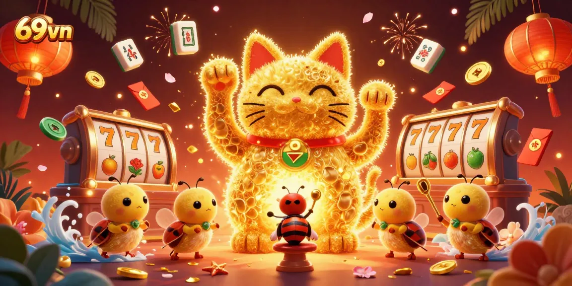 Engage with the vibrant 69vn lucky cat illustration showcasing a magical casino scene.