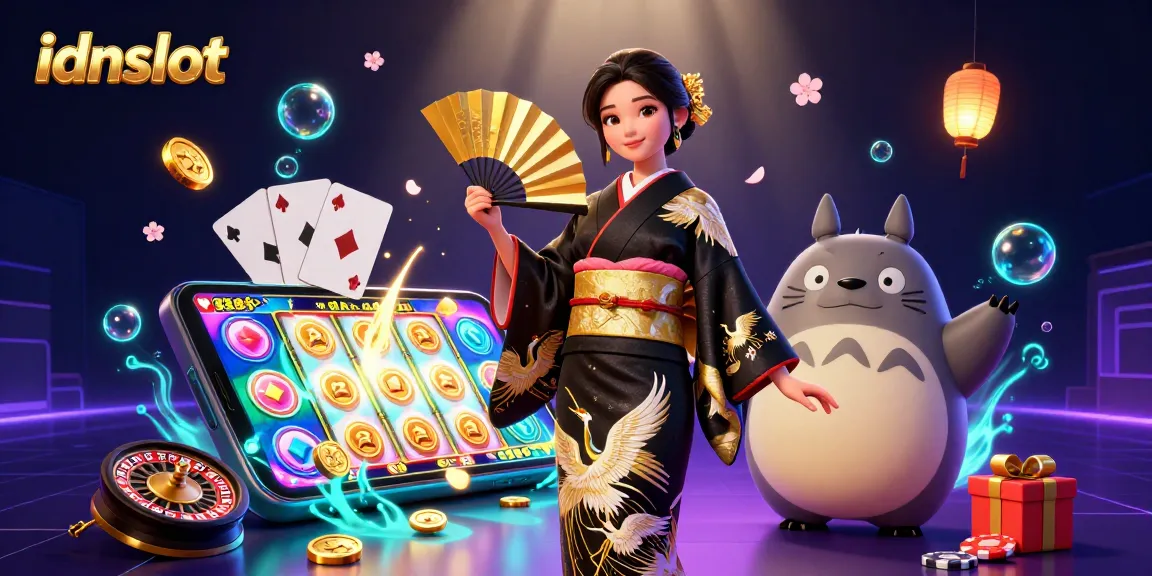 Win big with idnslot in a vibrant casino scene featuring 3D characters and dynamic game elements.