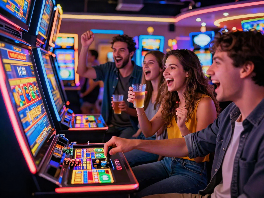 Teman-teman excited bermain slot777 di mesin permainan di kasino yang cerah dan penuh warna.