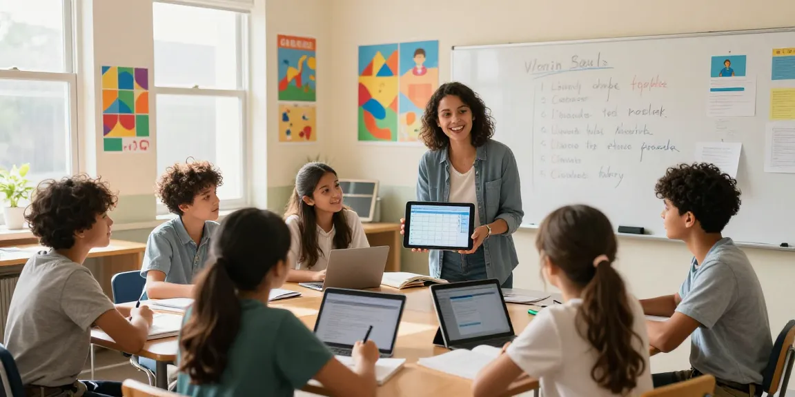 Teacher using EMStudio online planner in vibrant classroom, engaging diverse students in learning, highlighting classroom management.