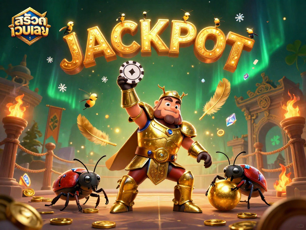 Experience the excitement of สล็อตเว็บตรง as a beetle triumphs with a poker chip, surrounded by thrilling casino elements.