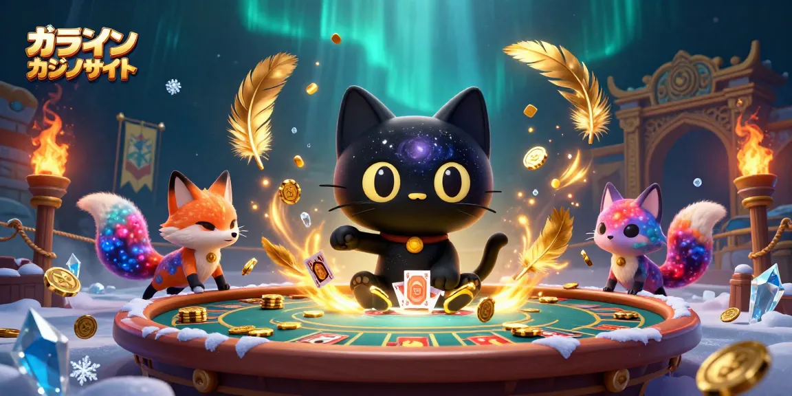 オンラインカジノサイトでプレイして金のチップを引き寄せる猫とその仲間のイラスト。