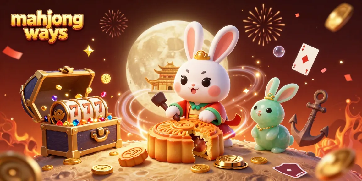 Engage with mahjong ways in this dynamic 3D rabbit-themed casino illustration featuring poker chips and slot reels.
