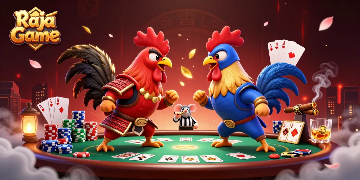 Experience the thrill of Raja Game with battling roosters and vibrant poker elements.