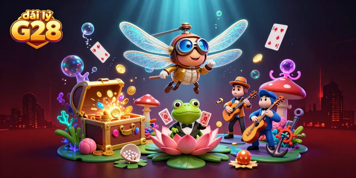 Engaging scene depicting đại lý G28 with dynamic characters, showcasing vibrant casino elements and underwater treasures.