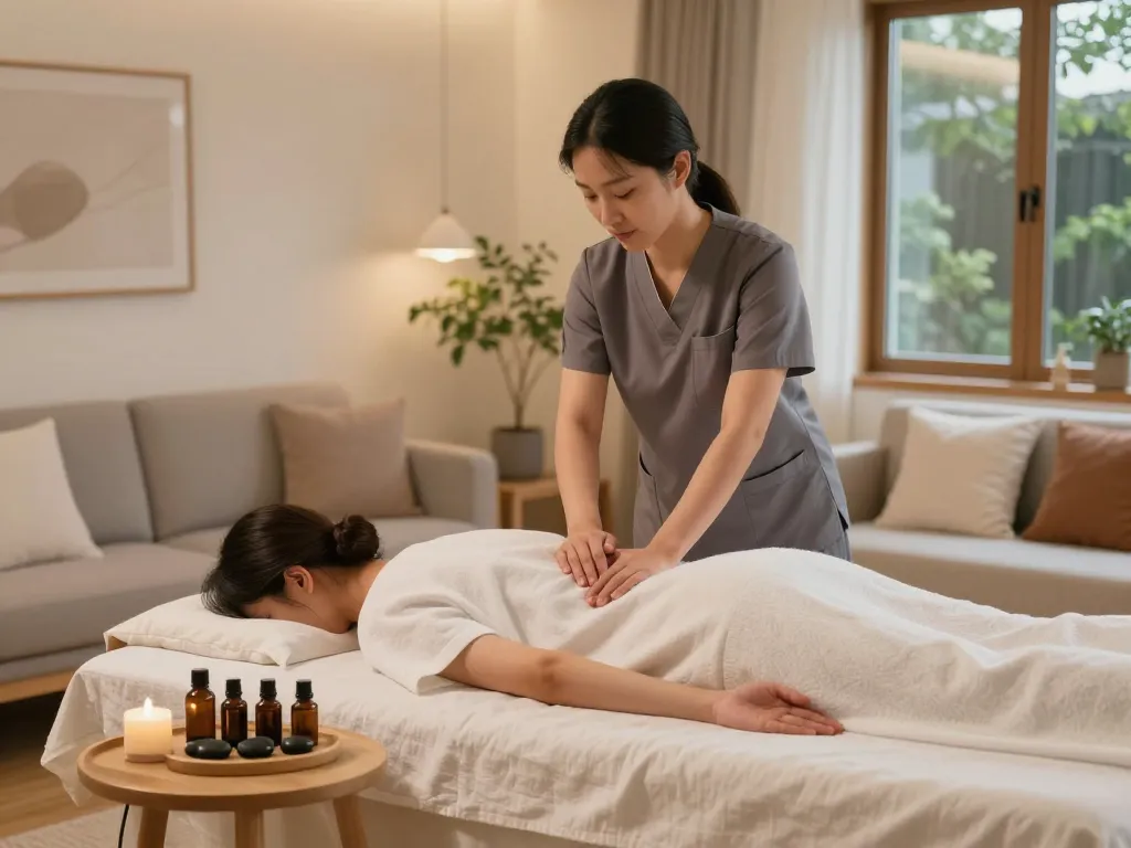 서울출장마사지 in a cozy home setting with a professional therapist providing a soothing massage to promote relaxation.