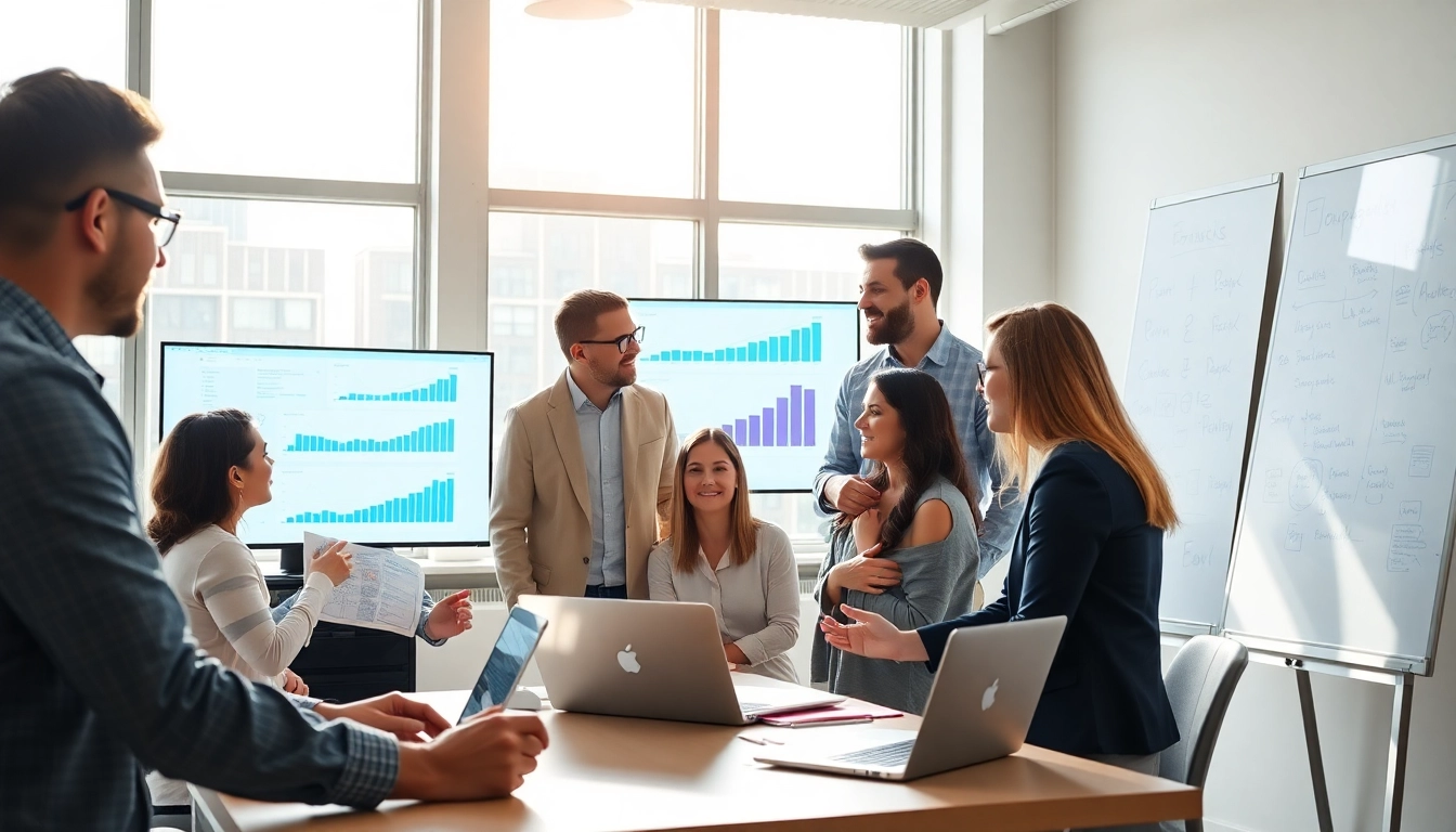 Enhance Edmonton social media marketing with a vibrant team collaborating in a bright office.
