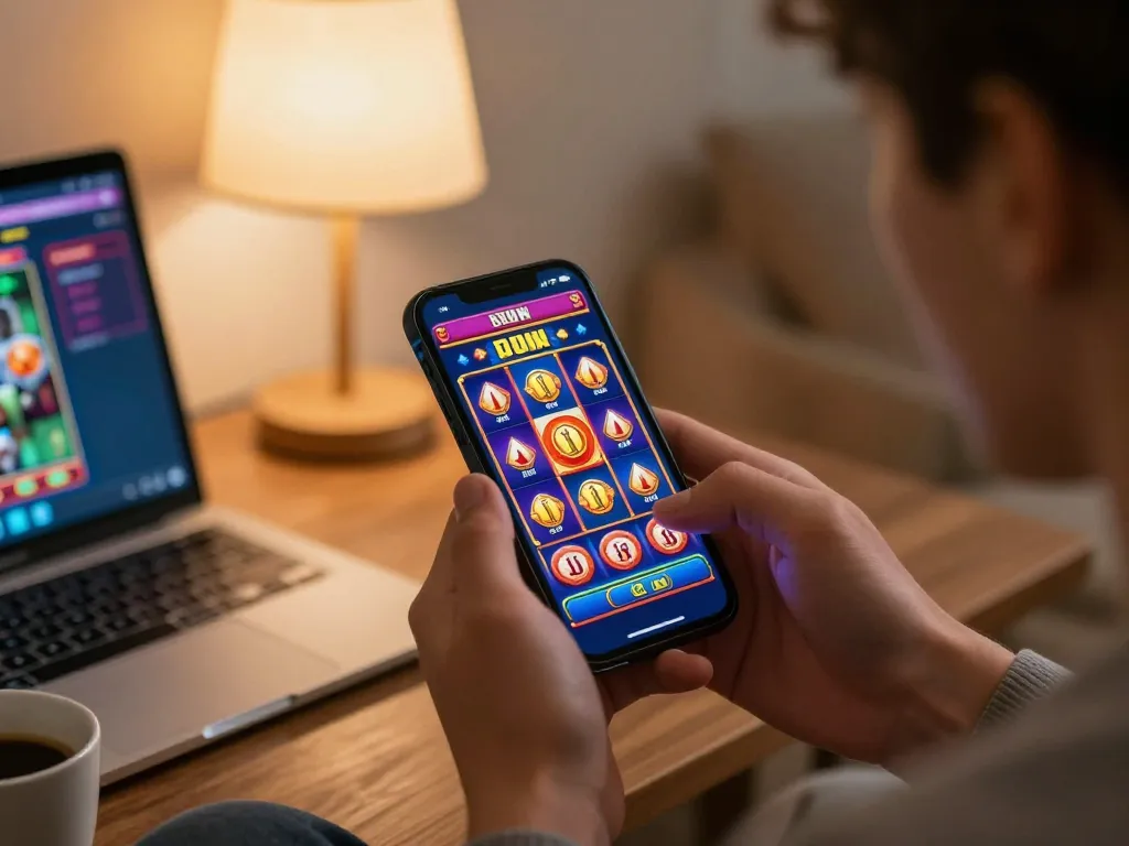 Người dùng Luck8 tận hưởng trải nghiệm chơi game trên di động với giao diện slot đầy màu sắc hiển thị trên smartphone.