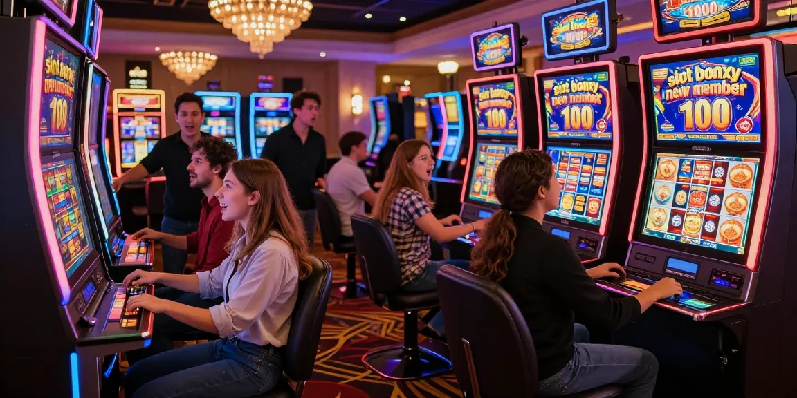 Exciting casino players enjoying a slot bonus new member 100 experience with colorful machines and vibrant atmosphere.