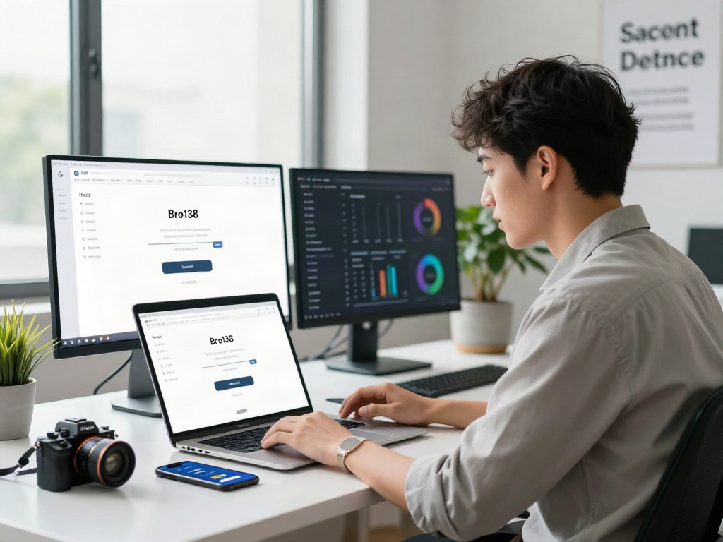 Focused professional accessing the bro138 login interface at a modern workplace.