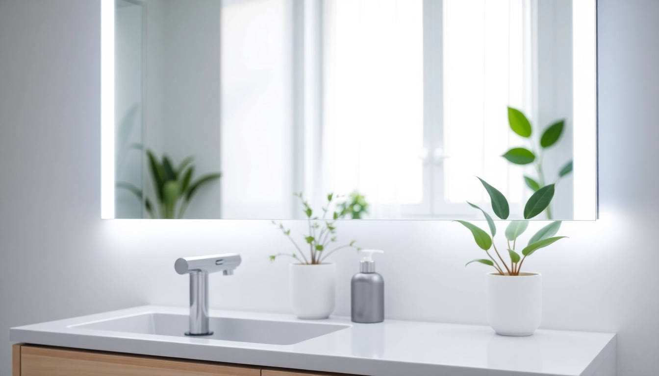 A beautifully designed mirror with lights enhancing a modern bathroom decor.