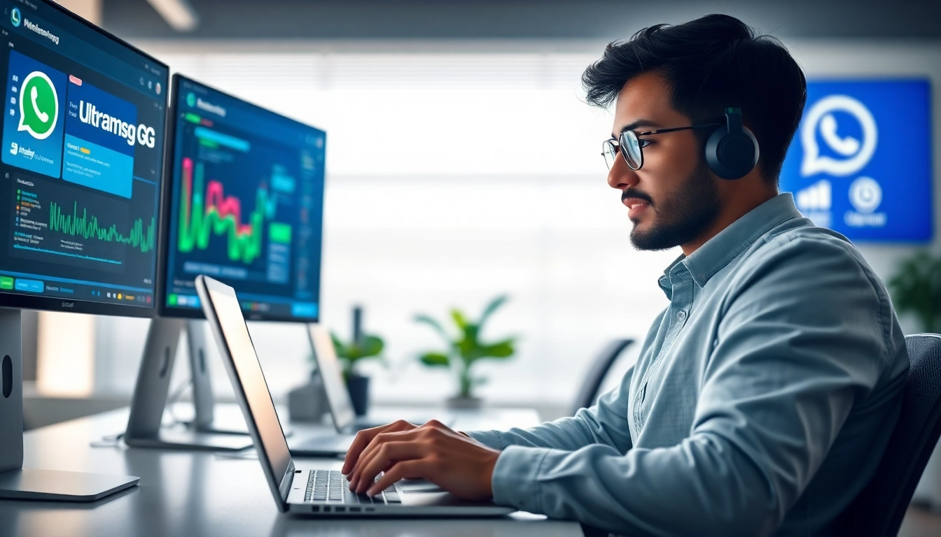 Develop a chatbot using ultramsg API in a modern office environment with vibrant colors.